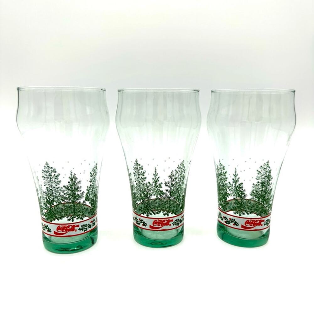 Libbey Coca-Cola Christmas Tumbler Glass 1991 Vintage Pine Trees and Holly Berry - Picture 8 of 15